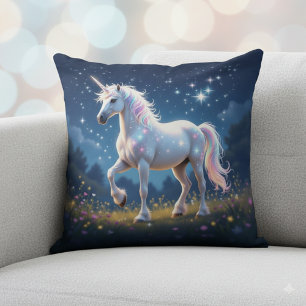 Unicorn in Starlit Wildflower Meadow at Night Cushion