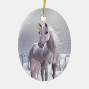 Unicorn in the Snow Ceramic Tree Decoration