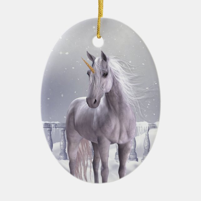 Unicorn in the Snow Ceramic Tree Decoration (Front)