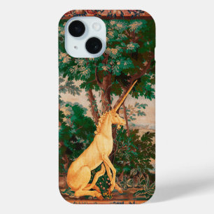 UNICORN IN WOODLAND LANDSCAPE,TREES,GREEN PINK iPhone 15 CASE