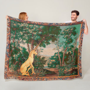 UNICORN IN WOODLAND LANDSCAPE,TREES,GREEN PINK FLEECE BLANKET