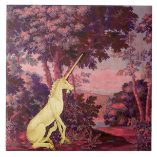 UNICORN IN WOODLAND LANDSCAPE,TREES,Pink Blue Ceramic Tile