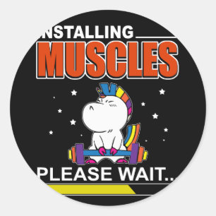 Unicorn Installing Muscles Please Wait Funny Fitne Classic Round Sticker