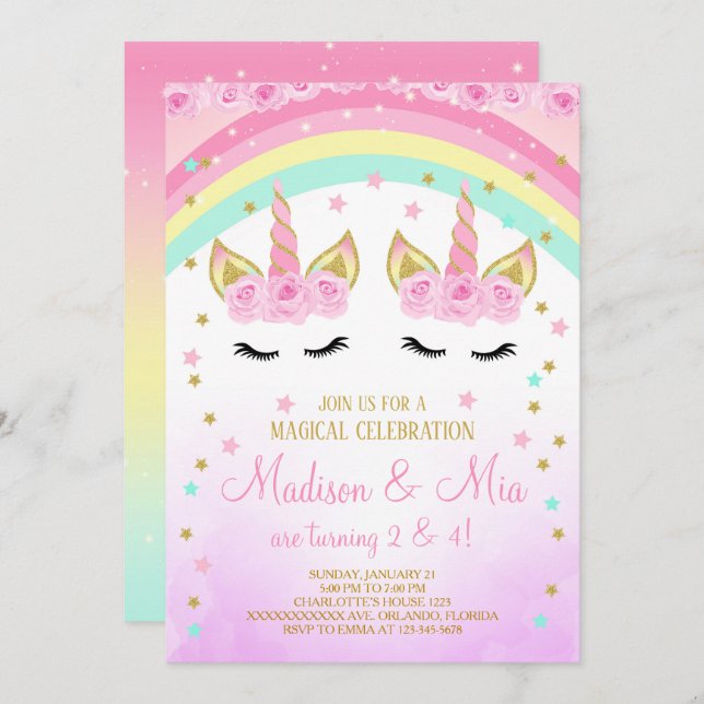 Unicorn Invitation, Twins Unicorn Invitation (Front/Back)