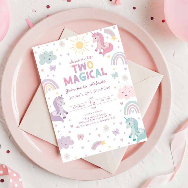 Unicorn Invitation Two Magical. Girls 2nd Birthday (Unicorn 2nd Birthday Invitation)