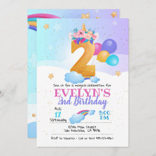 Unicorn invitation, Unicorn 2nd Birthday Invitation