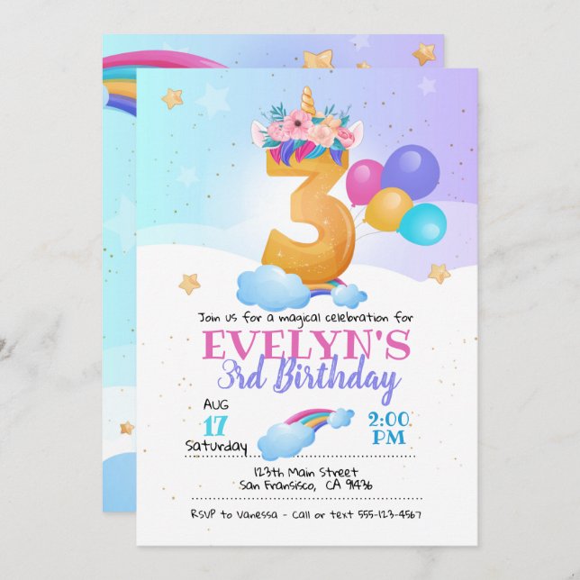 Unicorn invitation, Unicorn 3rd Birthday Invitation (Front/Back)