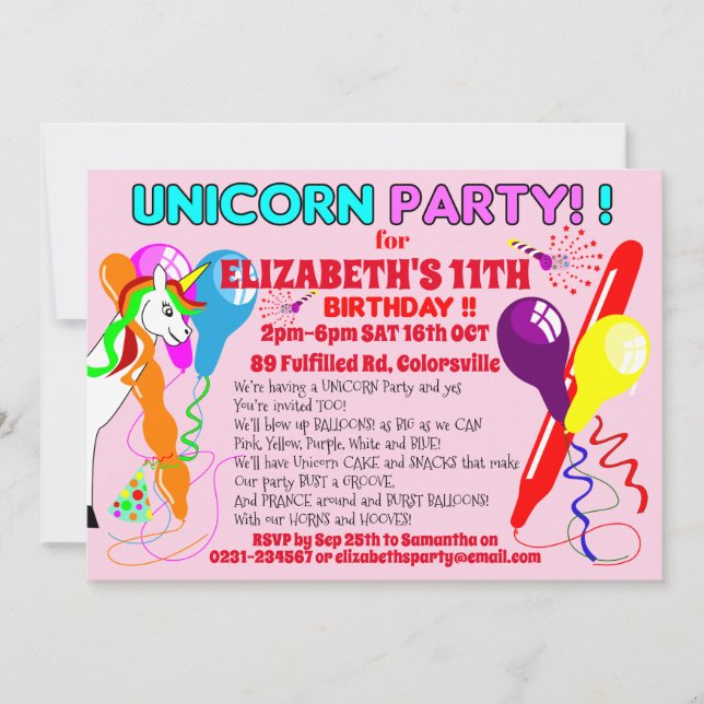UNICORN invitation unicorns birthday party fun (Front)