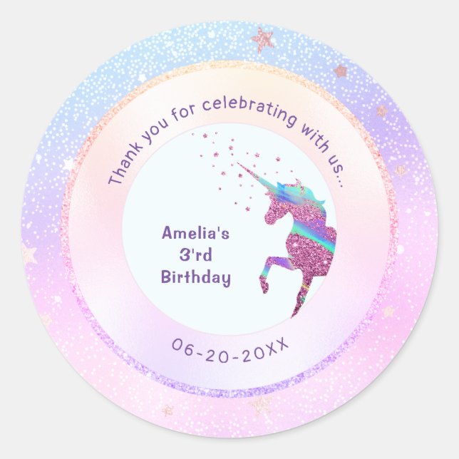 Unicorn Iridescent Holographic Glitter Party Favou Classic Round Sticker (Front)