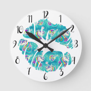 UNICORN Iridescent Teal Foil Metallic KISS LIPS Round Clock