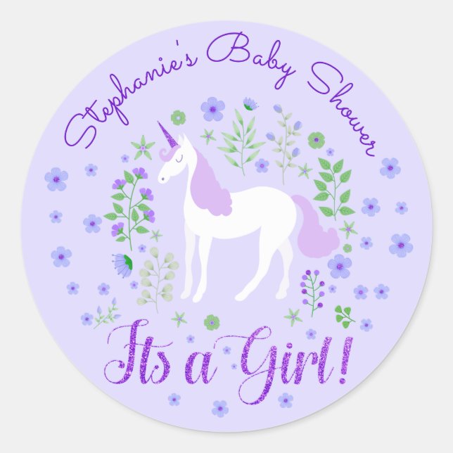 Unicorn Its A Girl Purple Baby Shower Personalised Classic Round Sticker (Front)