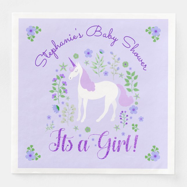 Unicorn Its A Girl Purple Baby Shower Personalised Napkin (Front)