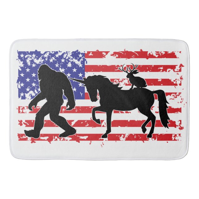 Unicorn, Jackalope, Bigfoot and the American Flag Bath Mat (Front)