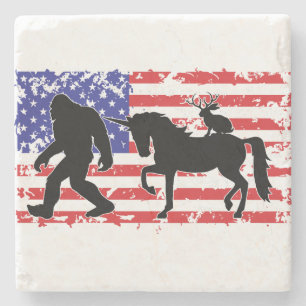 Unicorn, Jackalope, Bigfoot and the American Flag Stone Coaster