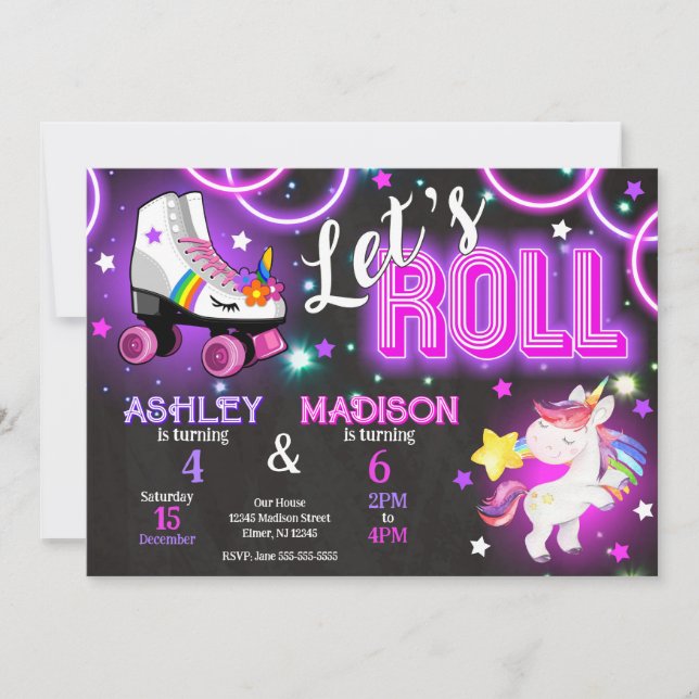 Unicorn Joint Roller Skating Birthday Neon Glow Invitation (Front)