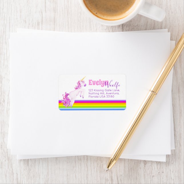 Unicorn jumping rainbow stripes address labels (Insitu)