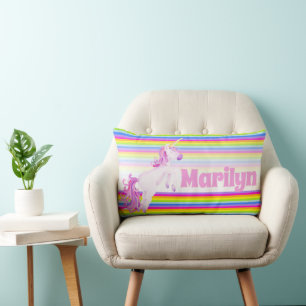 Unicorn jumping rainbow stripes custom name  lumbar cushion