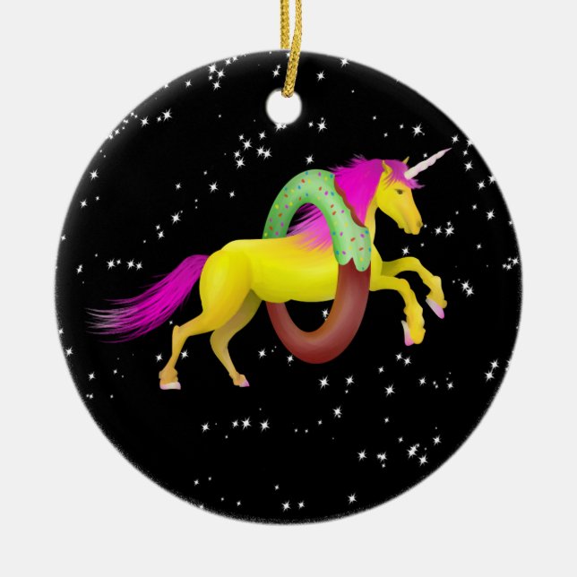 Unicorn Jumping Through a Doughnut Ceramic Ornament (Front)