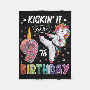 Unicorn Karate 9th Birthday Nine 9 Years Old Taekw Fleece Blanket