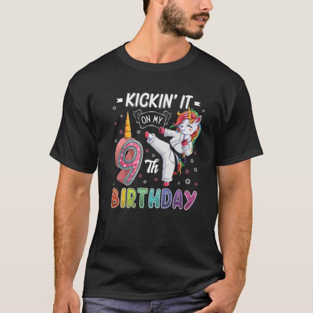 Unicorn Karate 9Th Birthday Nine 9 Years Old Taekw T-Shirt (Front)
