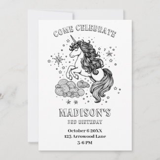 Unicorn Kids Birthday Party Personalised Colouring Invitation