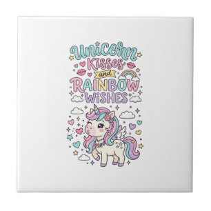 Unicorn Kisses and Rainbow Wishes Cute Pastel Grap Ceramic Tile