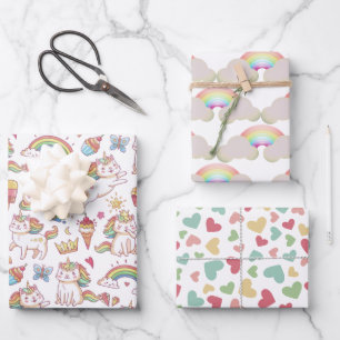 Unicorn Kittens 'n Sweet Treats, Hearts, Rainbows Wrapping Paper Sheet
