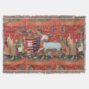 UNICORN ,LADY PLAYING ORGAN WITH ANIMALS MONOGRAM THROW BLANKET