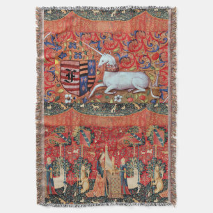 UNICORN ,LADY PLAYING ORGAN WITH ANIMALS MONOGRAM THROW BLANKET