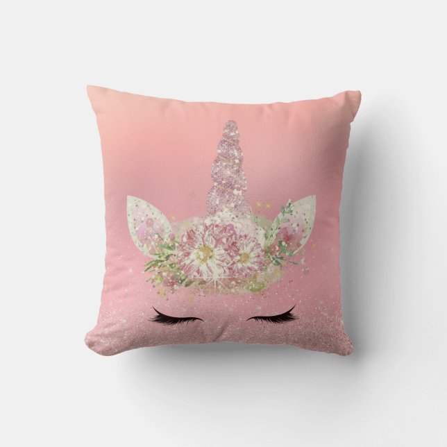 Unicorn Lashes Pink Rose Gold Glitter Flowers Cushion (Front)