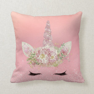Unicorn Lashes Pink Rose Gold Glitter Flowers Cushion