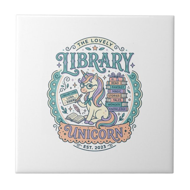 Unicorn Library Unicorn Whimsical Graphic Tee Desi Ceramic Tile (Front)