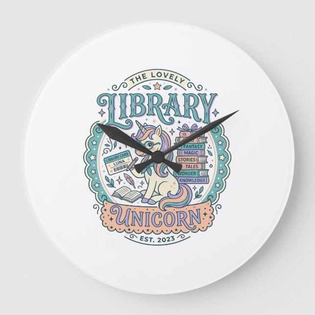 Unicorn Library Unicorn Whimsical Graphic Tee Desi Large Clock (Front)