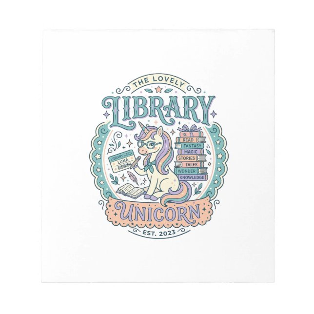 Unicorn Library Unicorn Whimsical Graphic Tee Desi Notepad (Front)