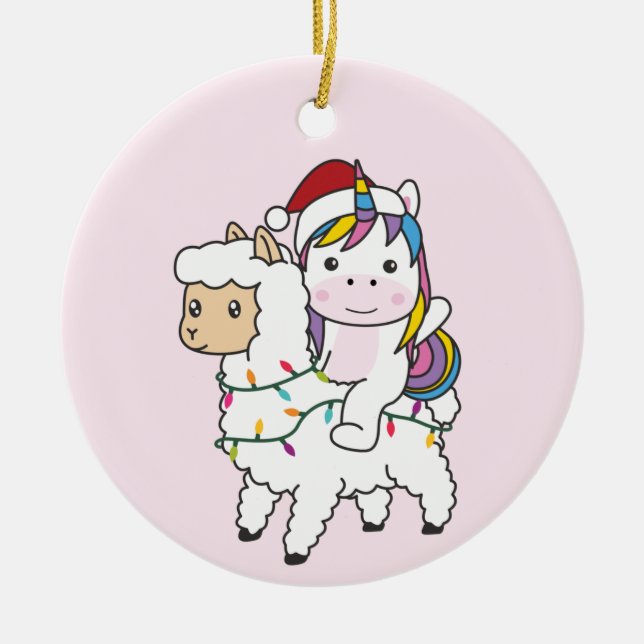 Unicorn Llama Christmas Snow Winter Animals Adult  Ceramic Ornament (Front)