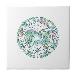 Unicorn Lost in a Magical Place Funny Print on Dem Ceramic Tile