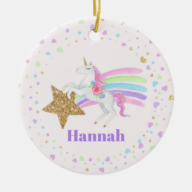 Unicorn Love Hearts & Star Girls Ceramic Ornament (Front)