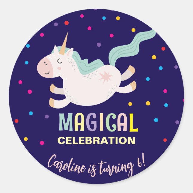 Unicorn magic celebration birthday kids  classic round sticker (Front)