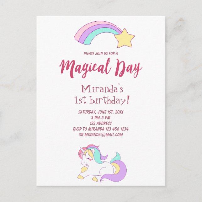 Unicorn magic girly 1st birthday party invitation postcard (Front)