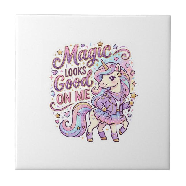 Unicorn Magic Looks Good on Me Graphic Design Whit Ceramic Tile (Front)