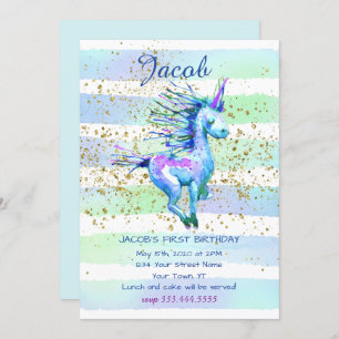 Unicorn Magic Watercolor Boy First Birthday Party Invitation