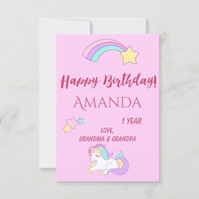 Unicorn magical 1st birthday pink girl one year  card (Front)