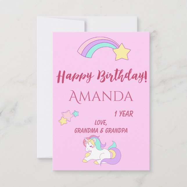 Unicorn magical 1st birthday pink girl one year  card (Front)