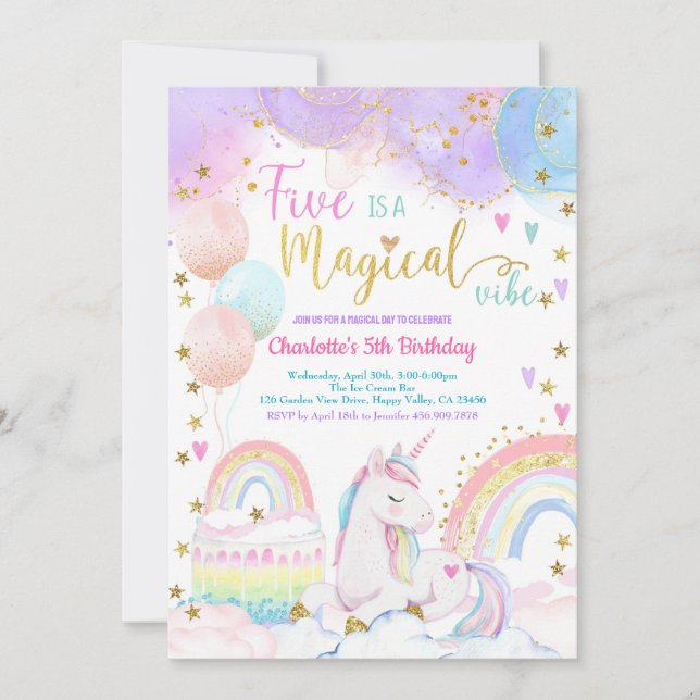 Unicorn Magical 5th Birthday Party Pastel Rainbow Invitation (Front)