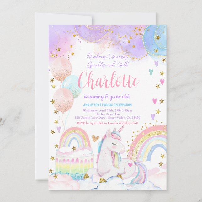 Unicorn Magical Birthday Party Girl Pastel Rainbow Invitation (Front)