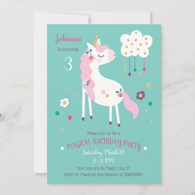 Unicorn Magical Birthday Party Invitation (Front)