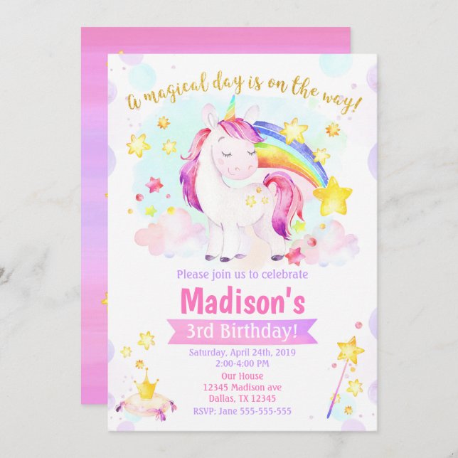 Unicorn Magical Birthday Party Invitation (Front/Back)