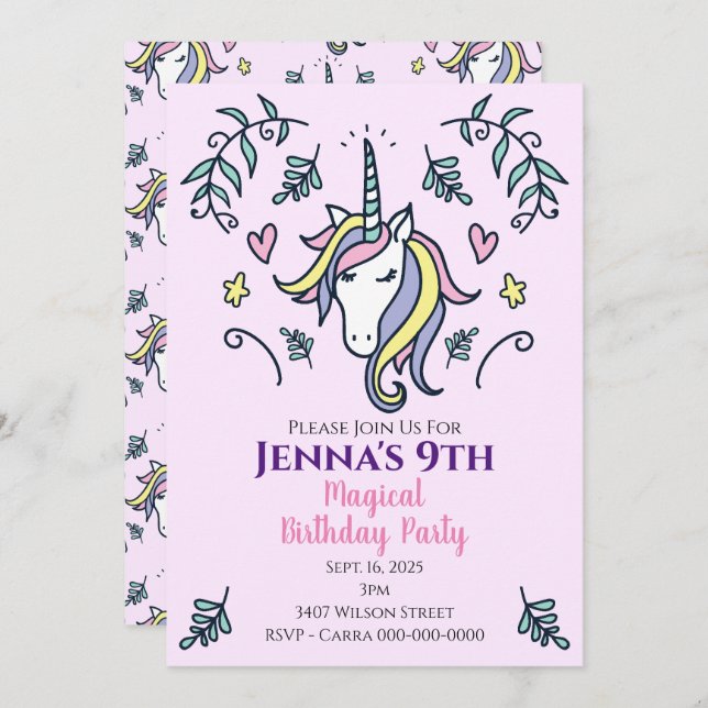 Unicorn Magical Birthday Party Invitation (Front/Back)