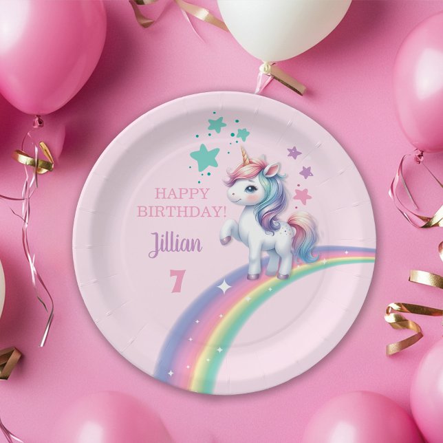 Unicorn Magical Birthday Party  Paper Plate (Colorful Magical Unicorn and Rainbow Girl Happy Birthday Paper Plate)