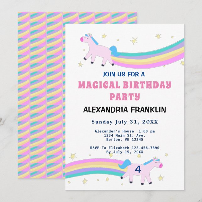 Unicorn Magical Birthday Party Rainbow Invitation (Front/Back)